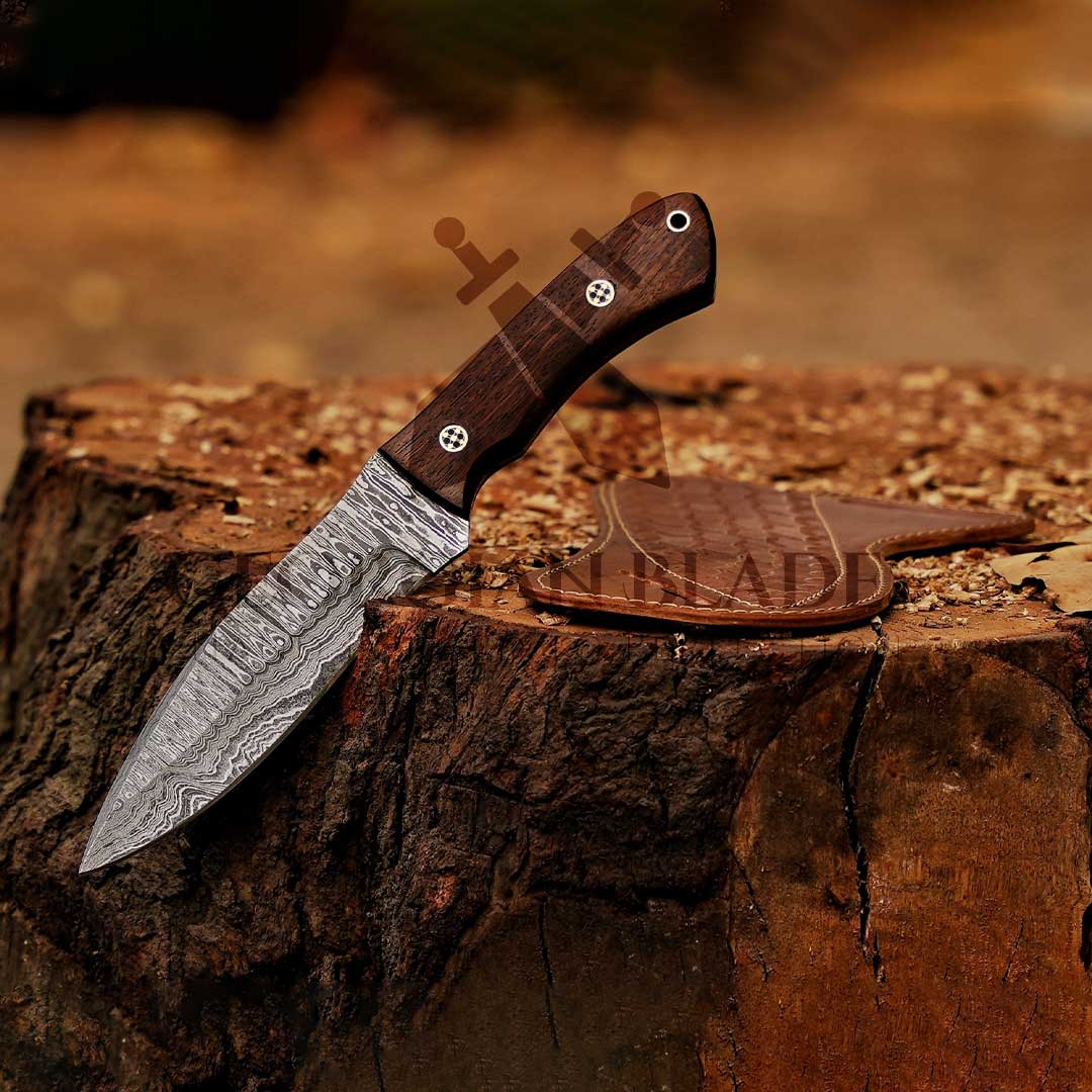 Razorwind - 11" Full Tang Hand Forged Damascus Hunting Knives with Walnut Wood Handle