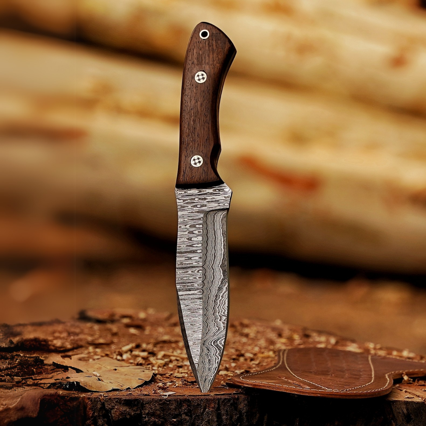 Elite Damascus Trio – Bundle of 3 Handmade Hunting Knives with Leather Sheaths