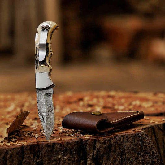The "Boone's Edge" 6.75 inch Handmade Folding Knife Damascus Steel with Stag horn and Camel bone Handle with Leather Sheath