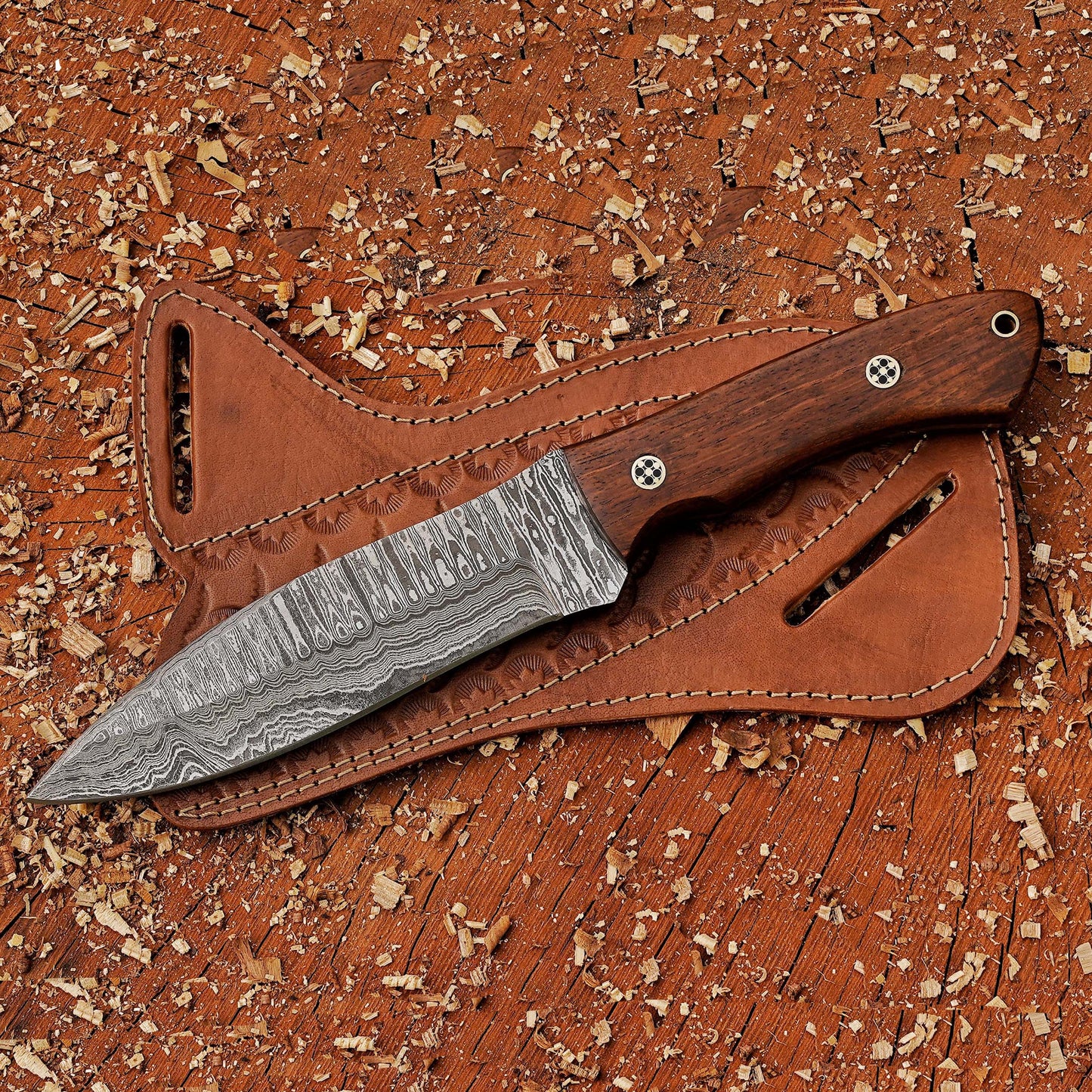 Elite Damascus Trio – Bundle of 3 Handmade Hunting Knives with Leather Sheaths