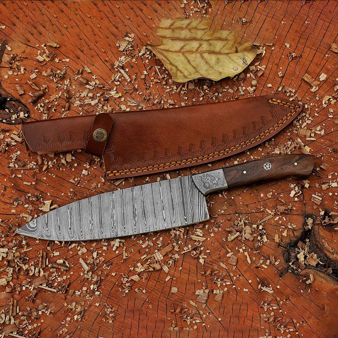 Handmade DAMASCUS steel chief knife with orders leather sheath