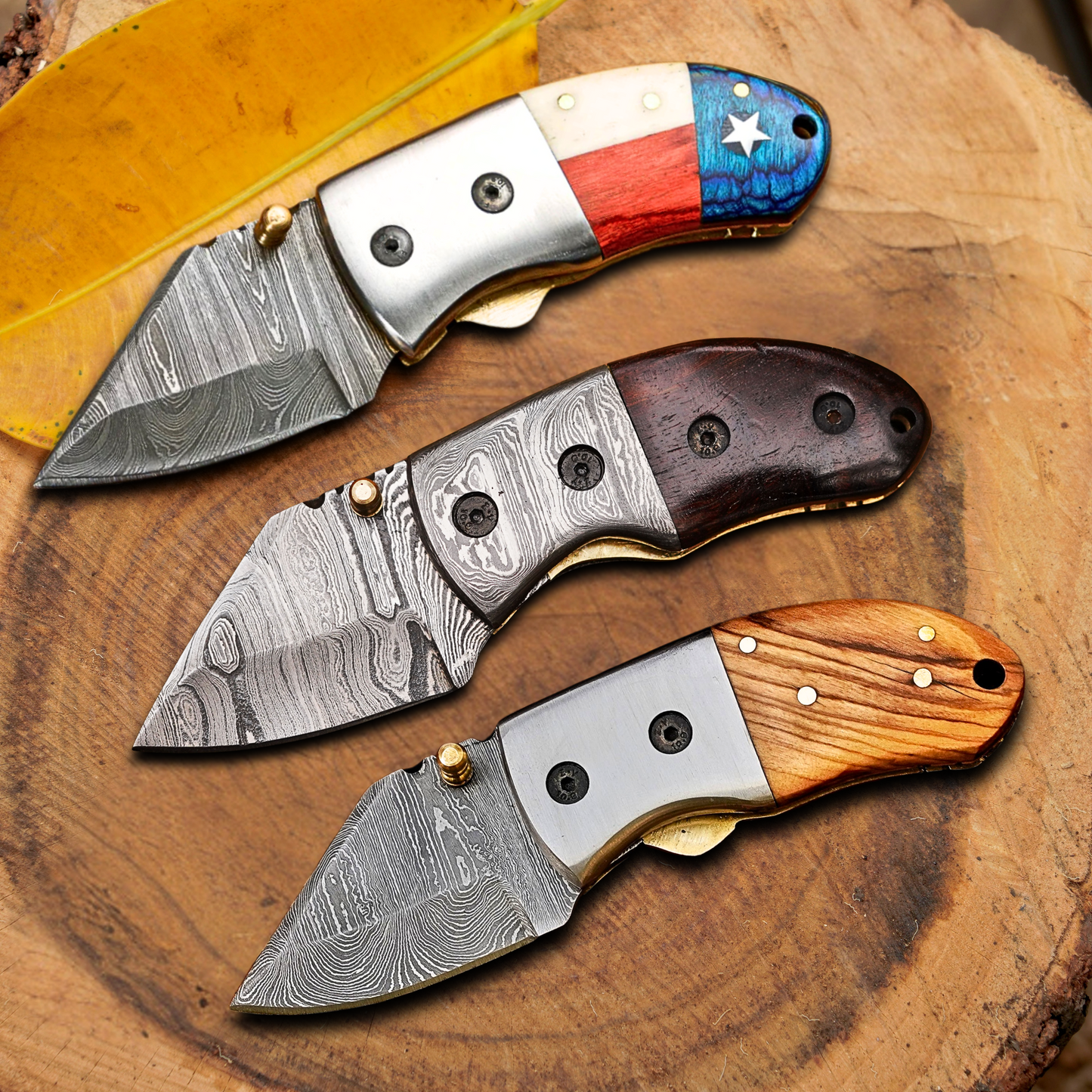 Pocket Titans Trio – Bundle of 3 Handmade Mini Knives with Leather Sheaths
