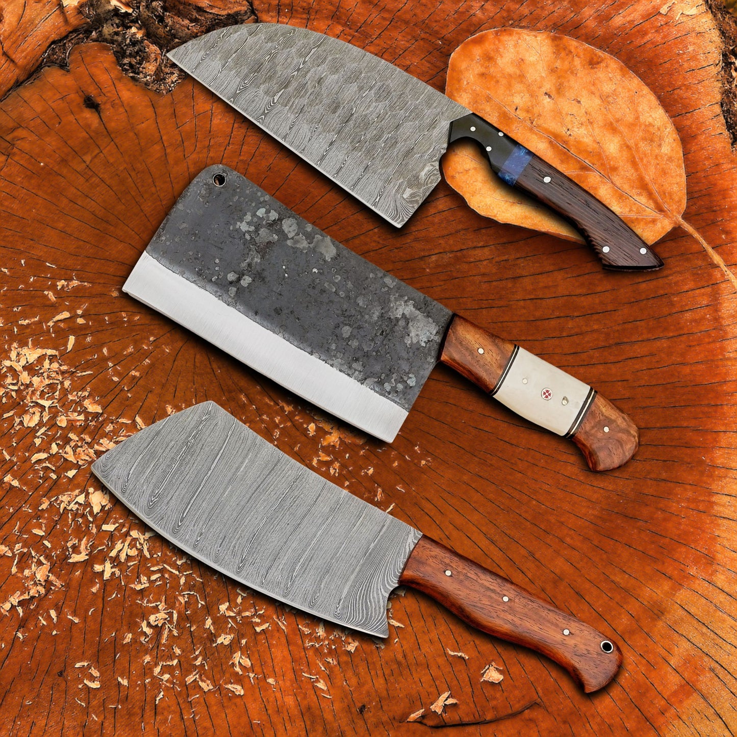 The Steel Force Trio - 3-Piece Damascus & Carbon Steel Chopper Knife Bundle