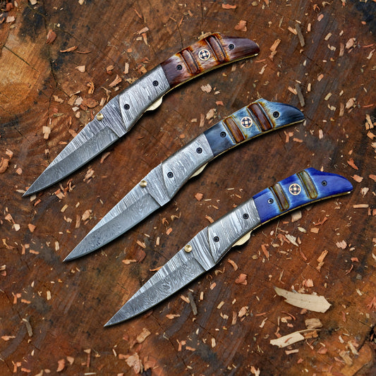 The Founders Trio – Bundle of 3 Hand-Forged Damascus Folding Knives with Leather Sheaths