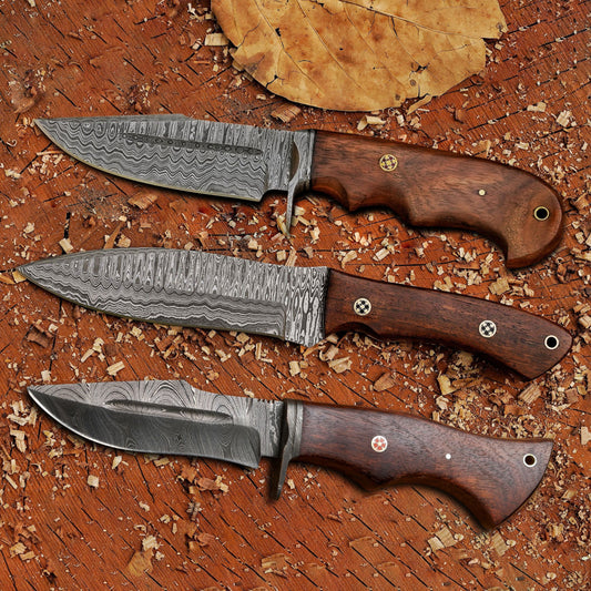 Elite Damascus Trio – Bundle of 3 Handmade Hunting Knives with Leather Sheaths