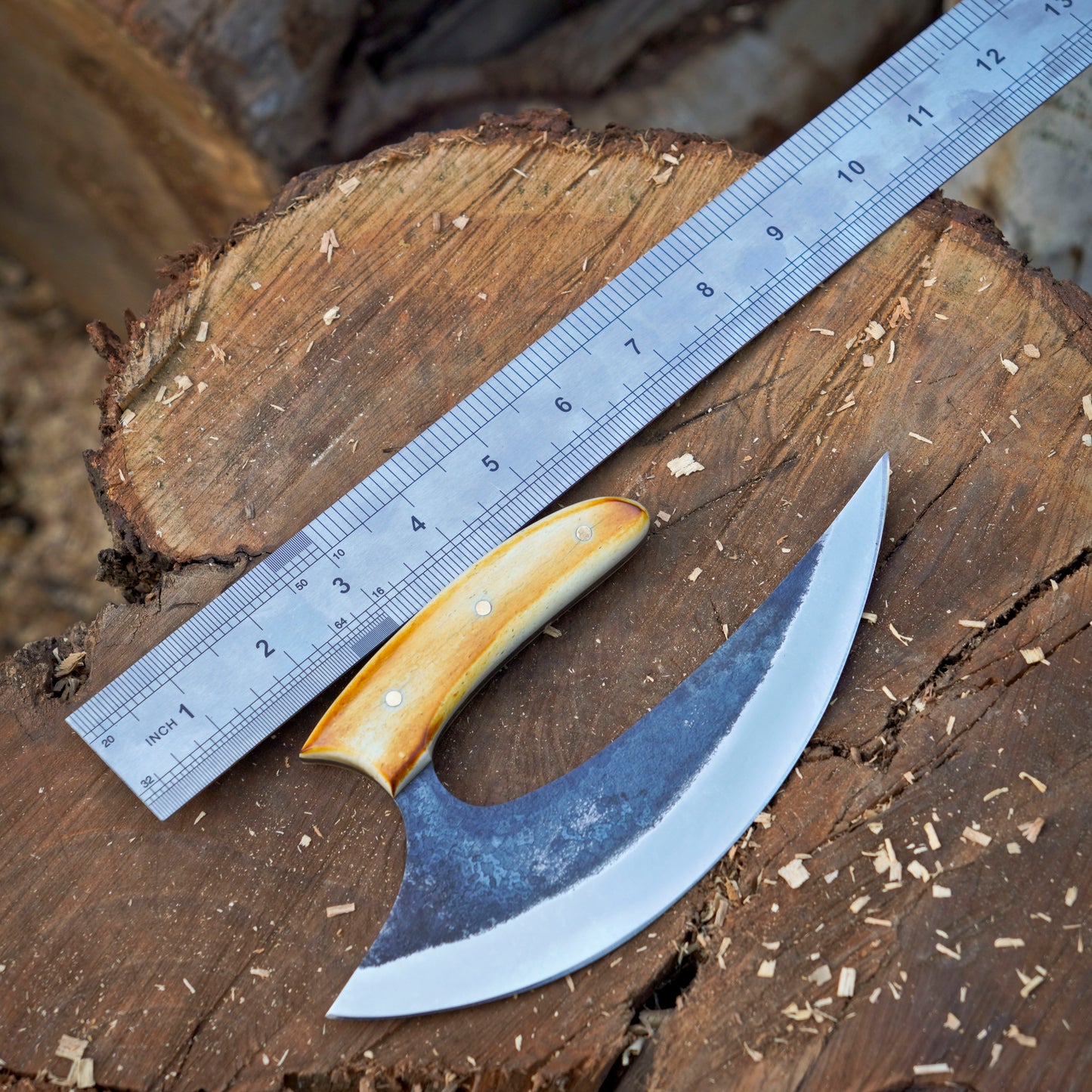 Northern Crescent – 8 inch Handmade Ulu Knife with Bone Torch Handle and Leather Sheath