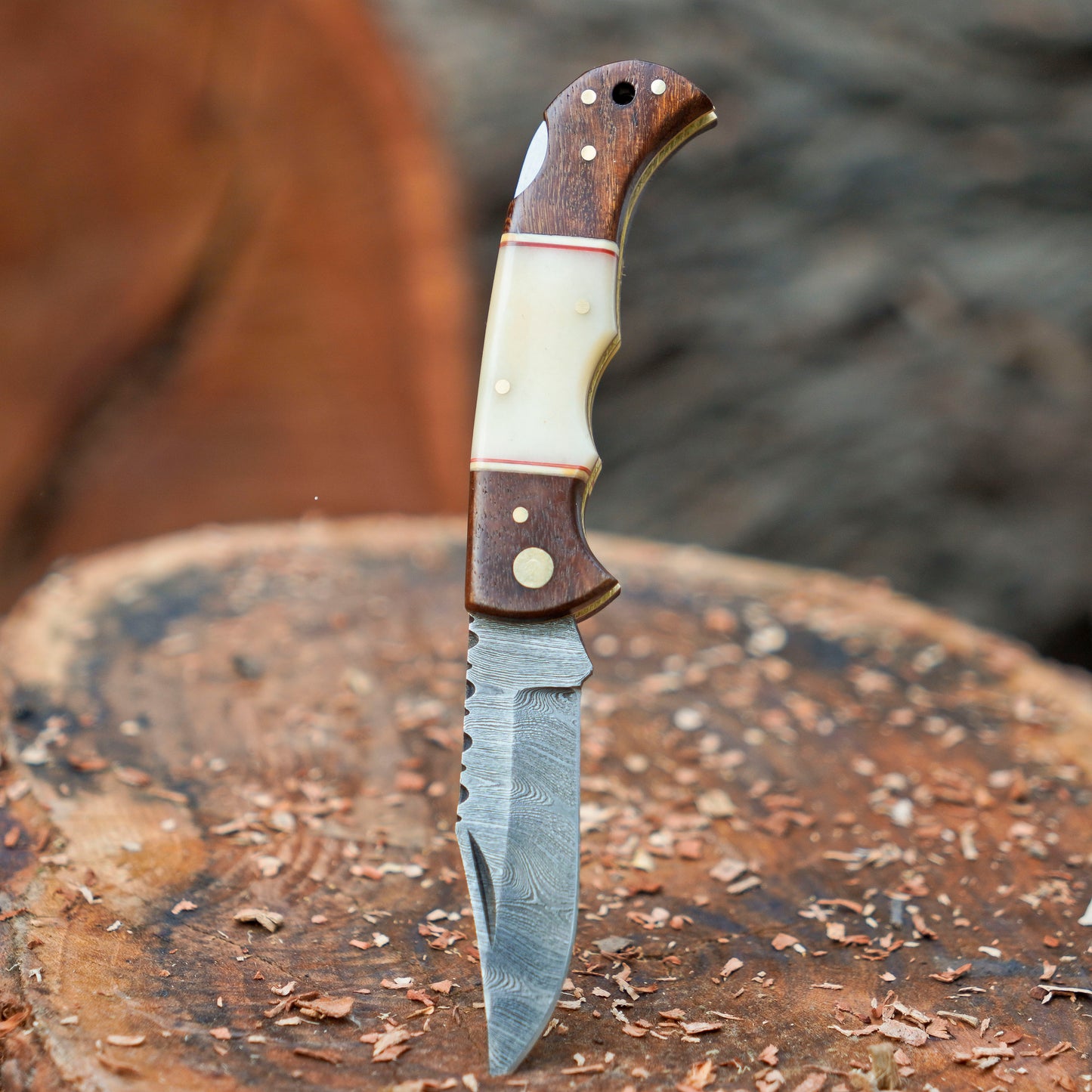 Horned Hunter: Custom Forged Damascus Steel Folding Knife Wood & Bone Handle