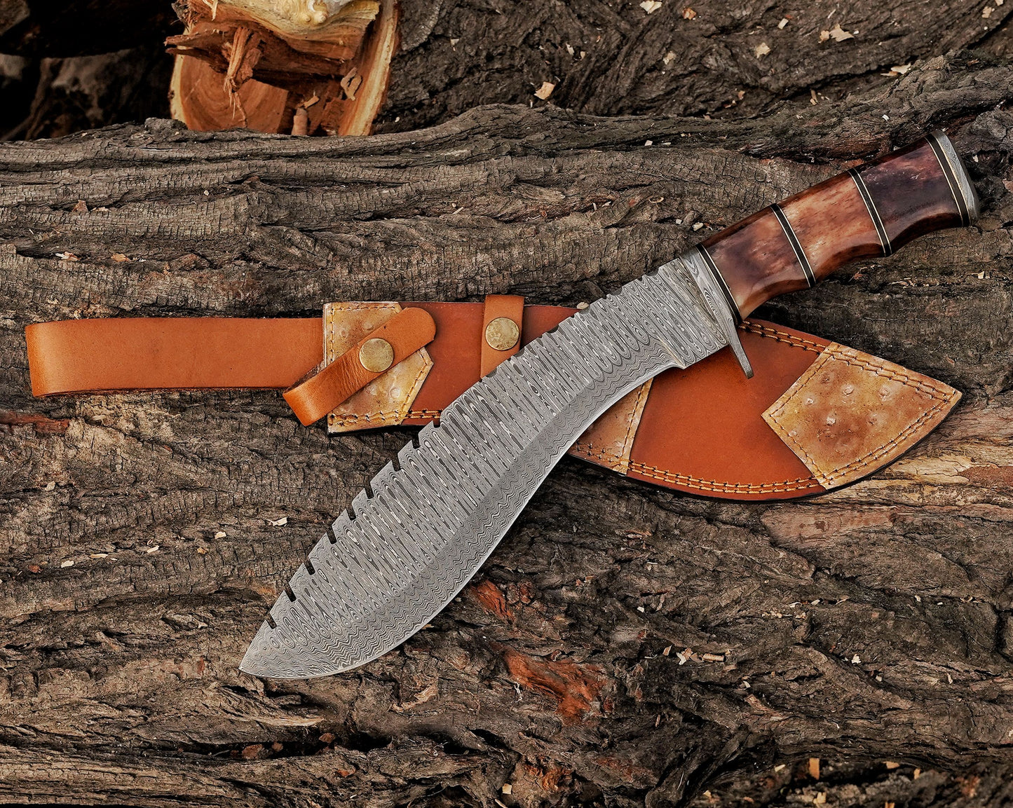 Emberwood Kukri – 15 inch Hand-Forged Damascus Masterpiece Kukri Knife with Leather Sheath