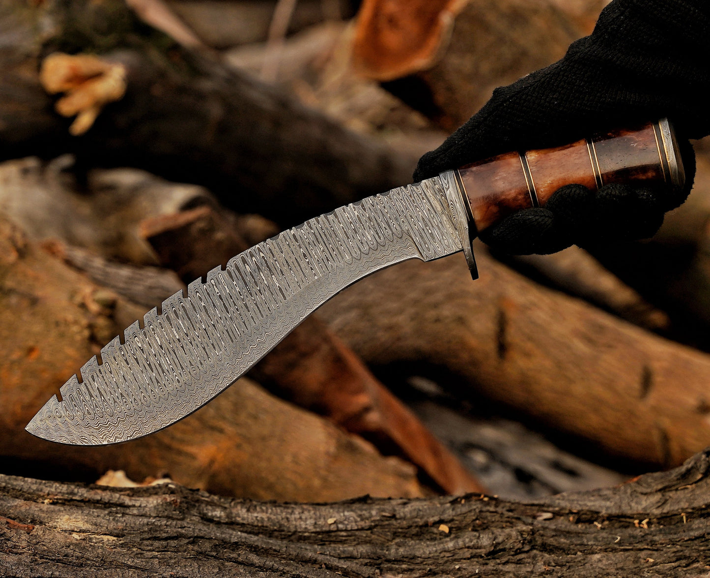 Emberwood Kukri – 15 inch Hand-Forged Damascus Masterpiece Kukri Knife with Leather Sheath