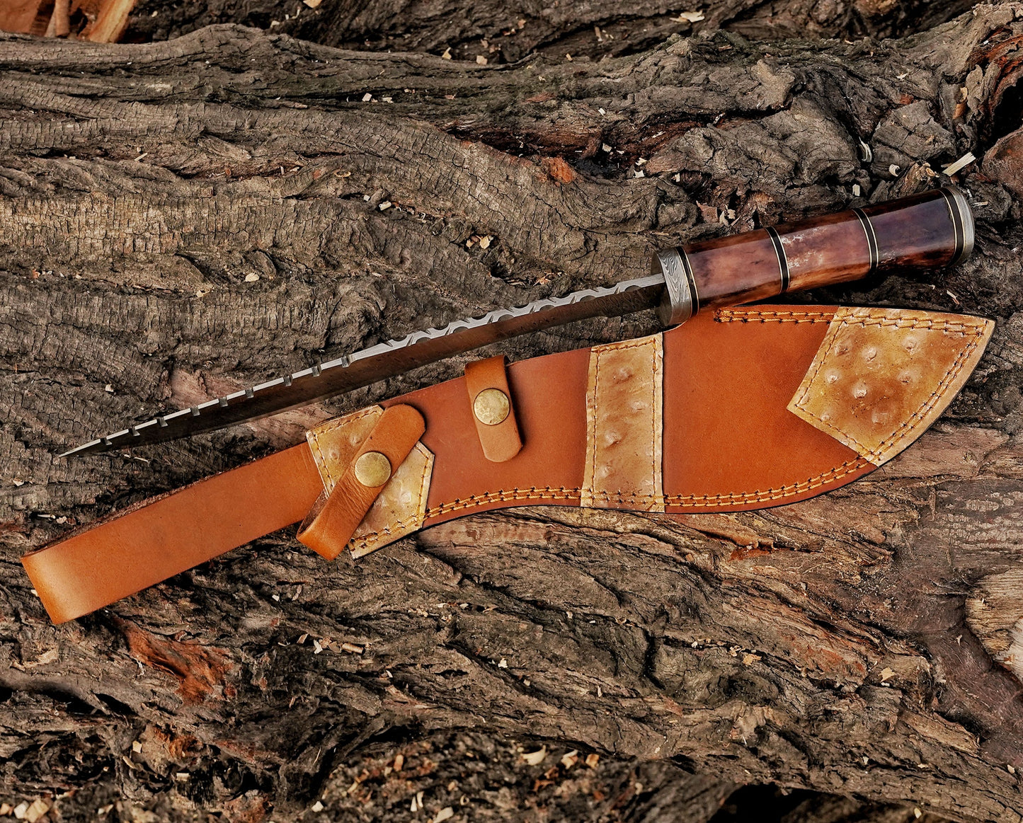 Emberwood Kukri – 15 inch Hand-Forged Damascus Masterpiece Kukri Knife with Leather Sheath
