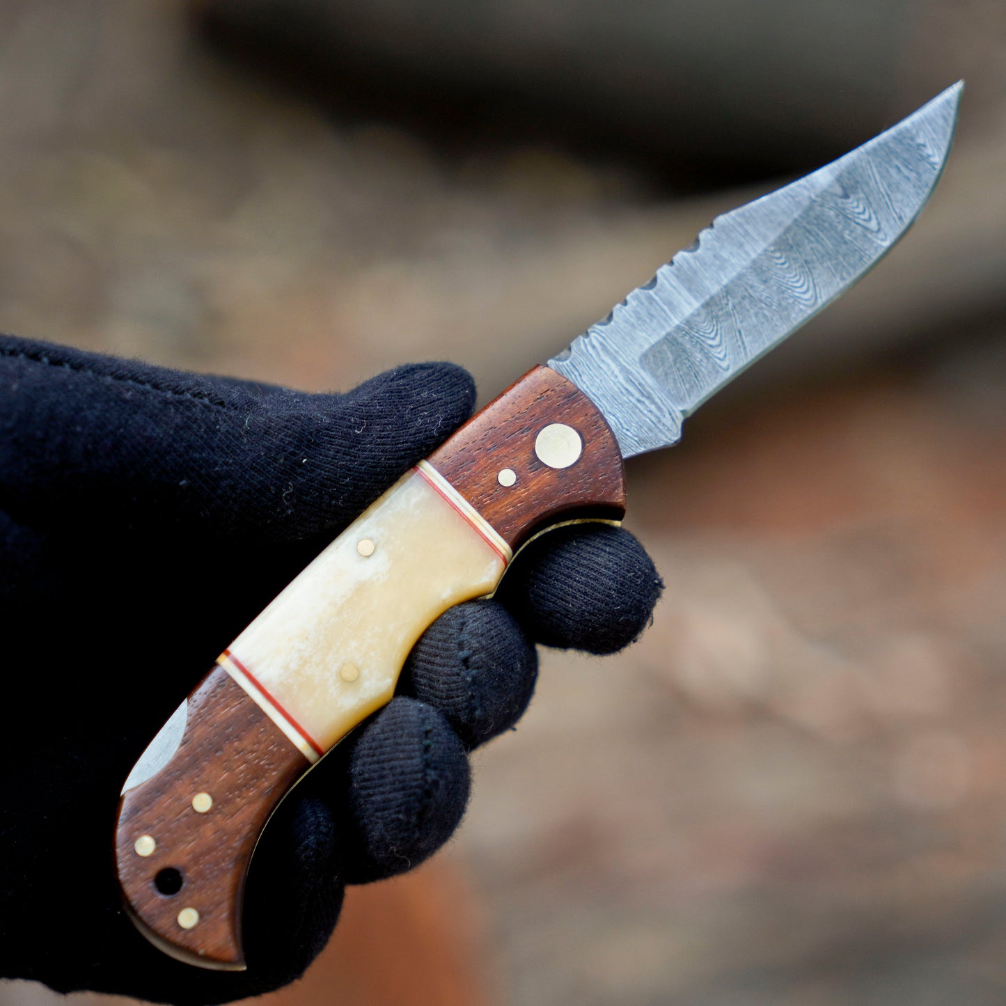 Horned Hunter: Custom Forged Damascus Steel Folding Knife Wood & Bone Handle