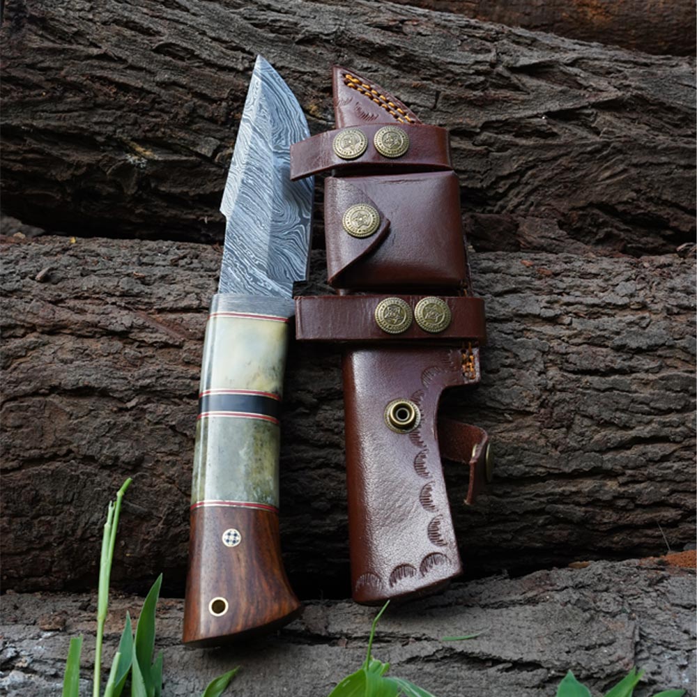 Hand Forged Damascus Steel Hunting Knife with Wood and Camel Bone