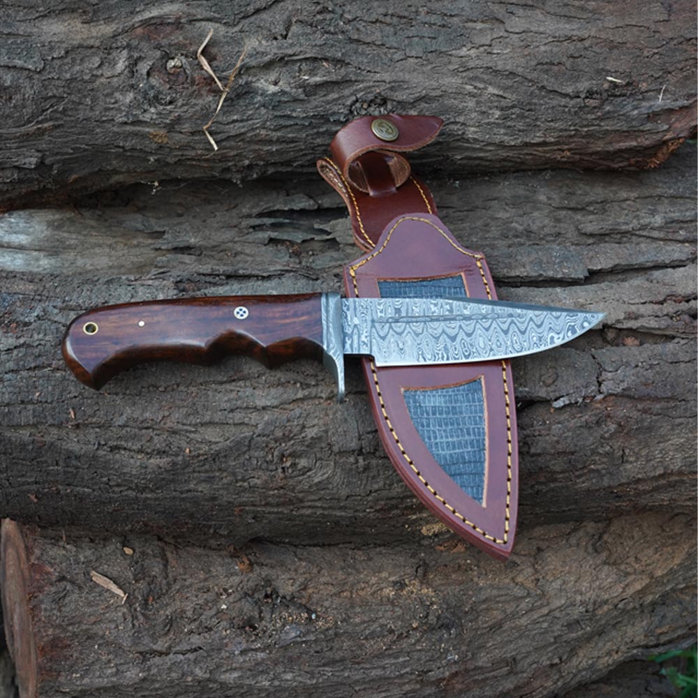 Hand Forged Damascus Steel Hunting Knife with Rosewood handle and Leather  Sheath