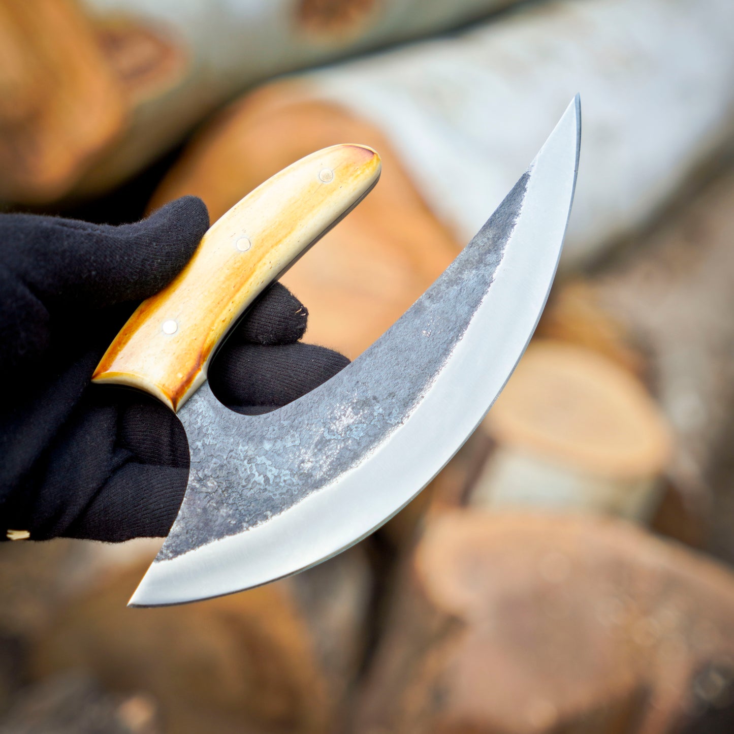 Northern Crescent – 8 inch Handmade Ulu Knife with Bone Torch Handle and Leather Sheath
