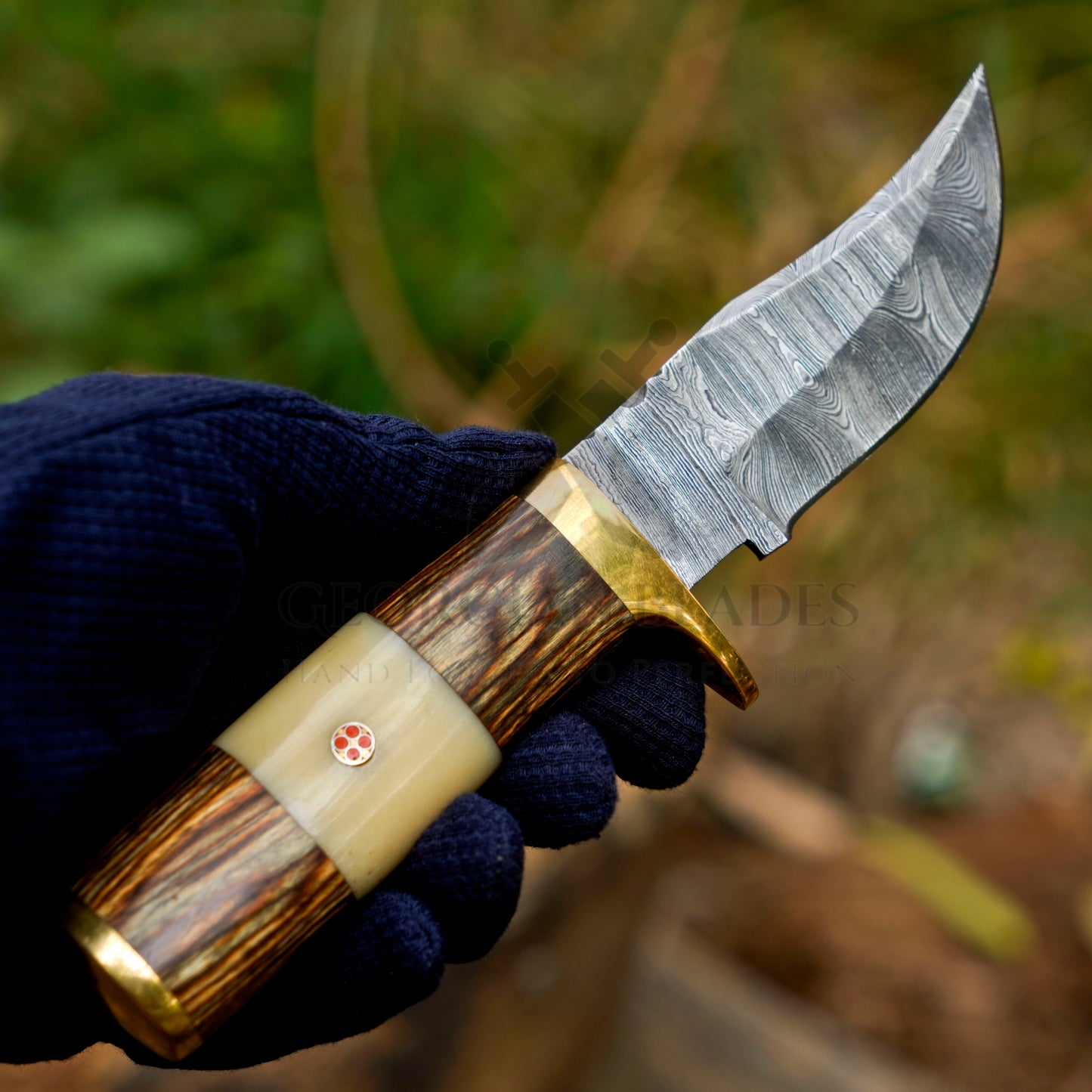 Mike Fink Skinner - CUSTOM HANDMADE FORGED DAMASCUS Steel Hunting Knife Wood & Camel Bone Handle
