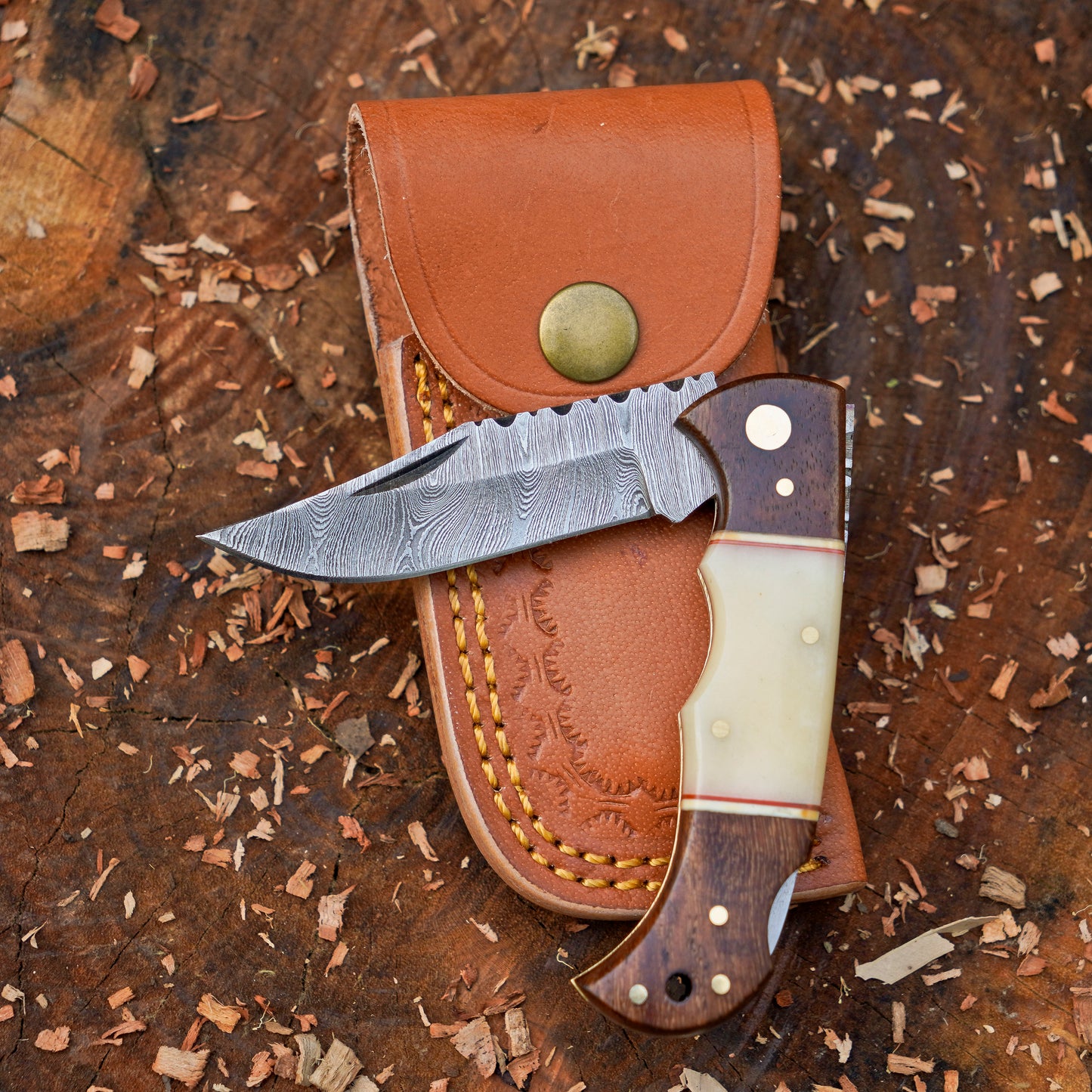 Horned Hunter: Custom Forged Damascus Steel Folding Knife Wood & Bone Handle