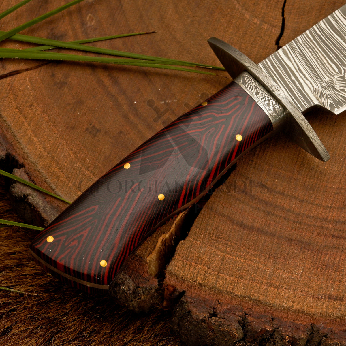 Damascus blade of the Long Creek Bowie knife