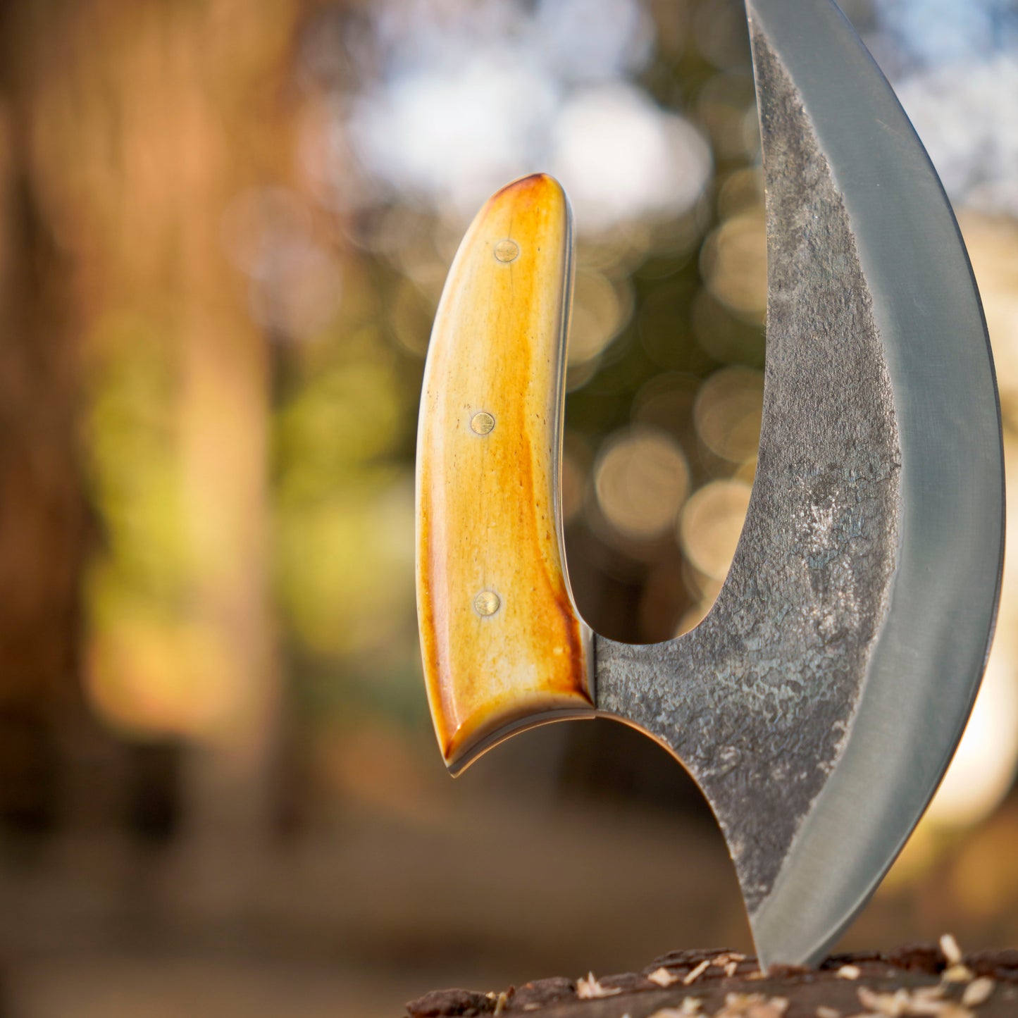 Northern Crescent – 8 inch Handmade Ulu Knife with Bone Torch Handle and Leather Sheath