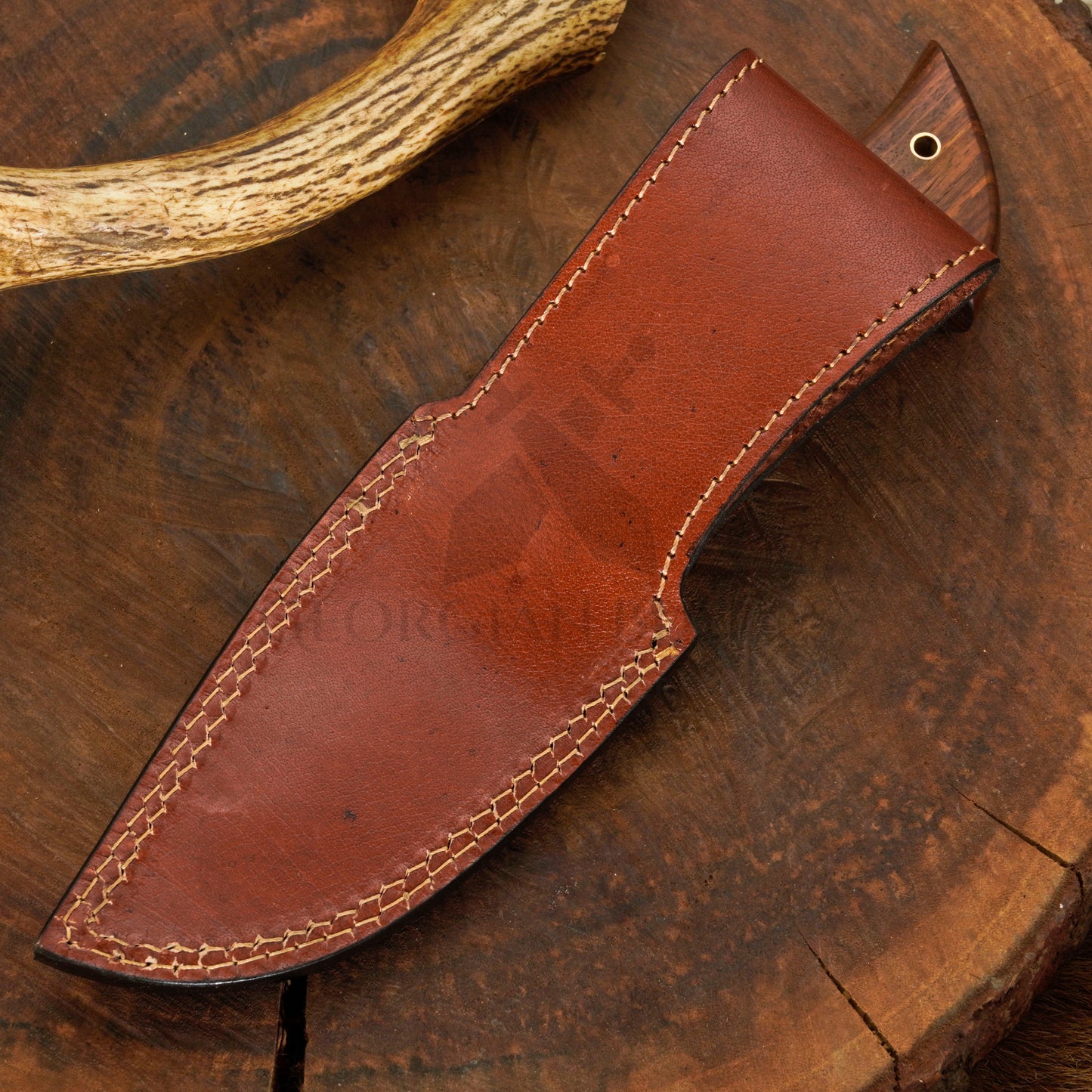 Outlander Edge – 10.5" Hand Forged Damascus Hunting Knife with Leather Sheath