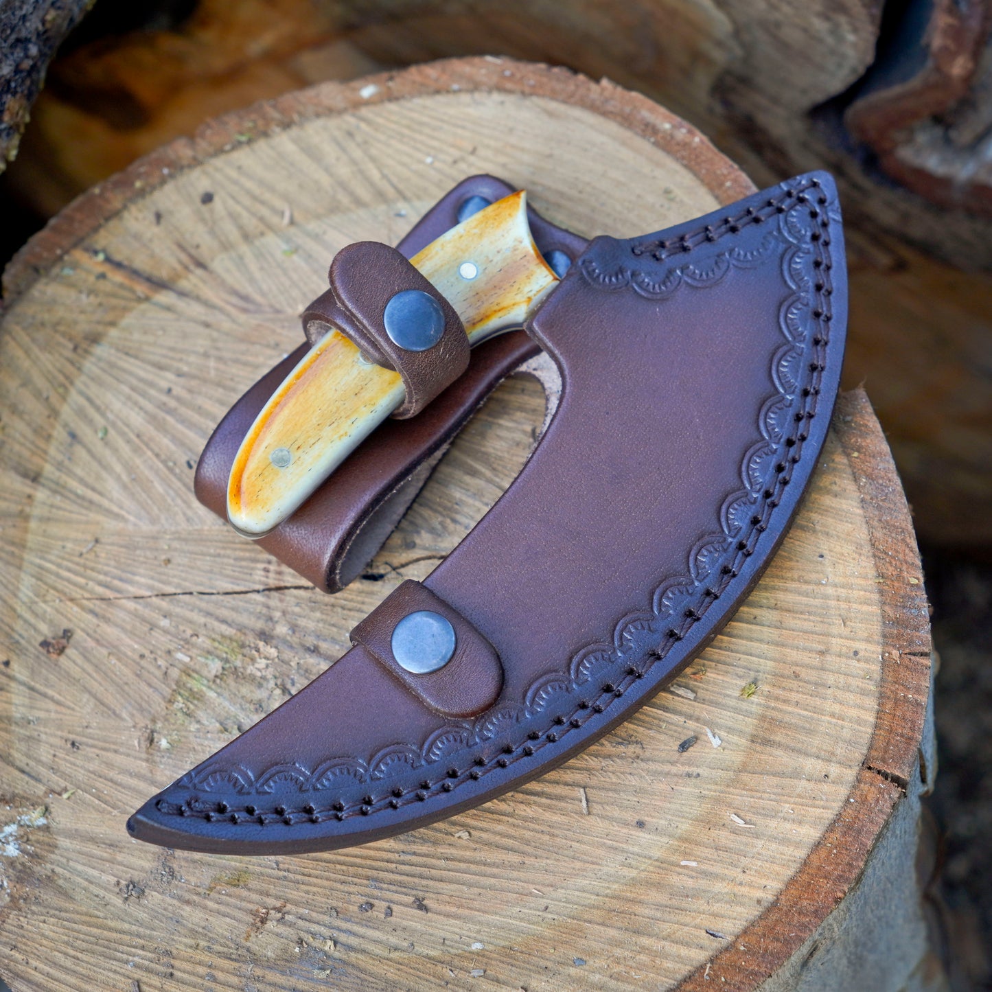 Northern Crescent – 8 inch Handmade Ulu Knife with Bone Torch Handle and Leather Sheath