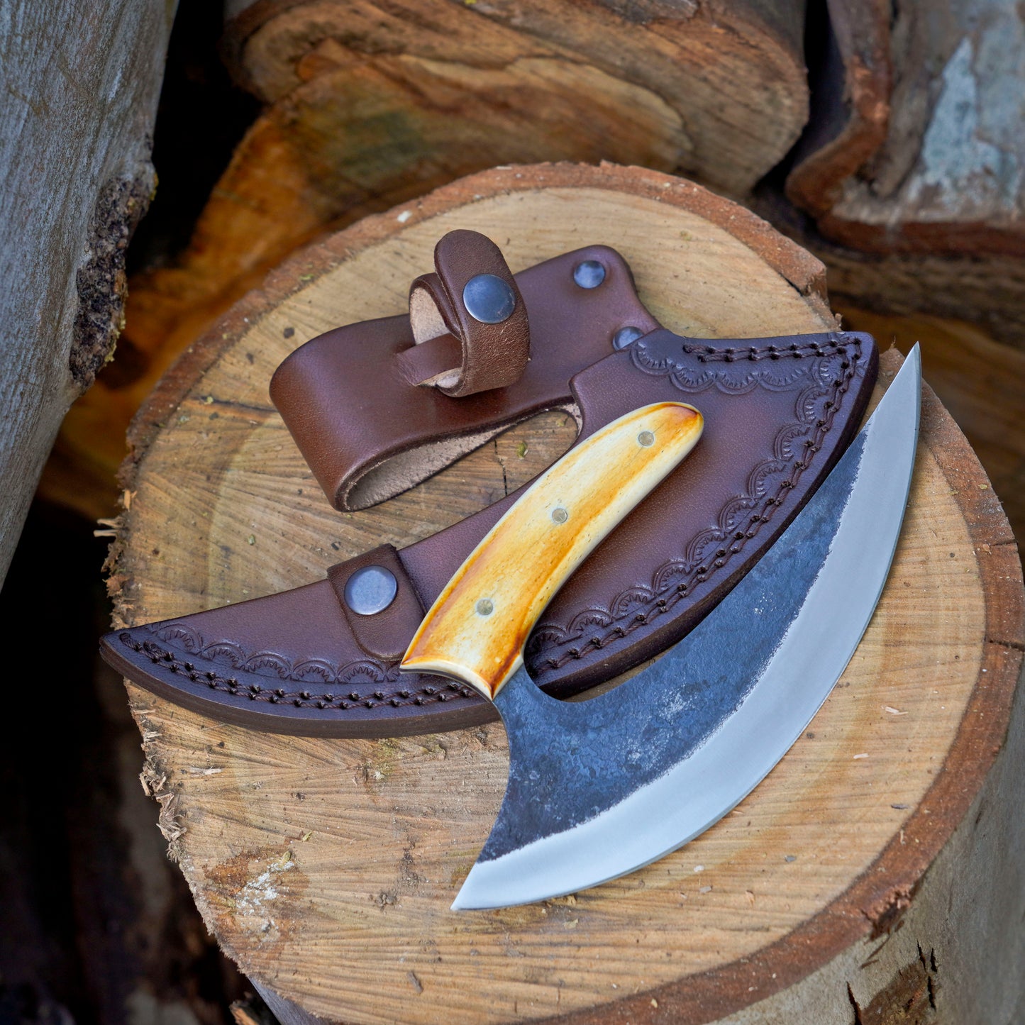 Northern Crescent – 8 inch Handmade Ulu Knife with Bone Torch Handle and Leather Sheath