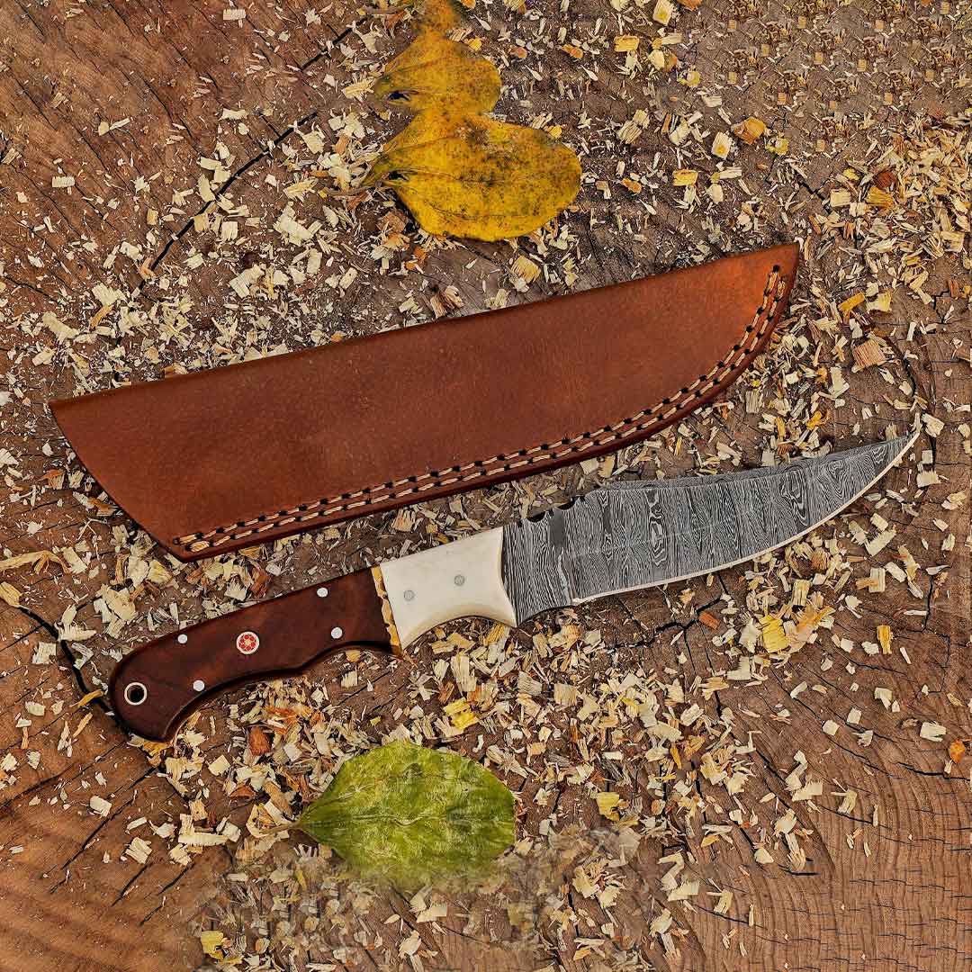 Johnny Appleseed Blade - 10” Custom Hand Forged Damascus Steel Full Tang Hunting Knife - Wood & Bone Handle