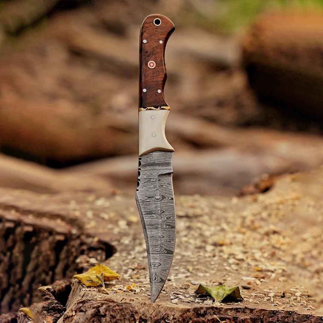 Johnny Appleseed Blade - 10” Custom Hand Forged Damascus Steel Full Tang Hunting Knife - Wood & Bone Handle