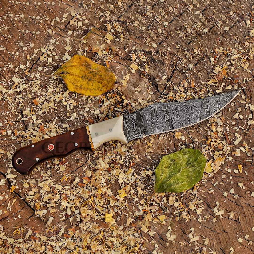 Johnny Appleseed Blade - 10” Custom Hand Forged Damascus Steel Full Tang Hunting Knife - Wood & Bone Handle