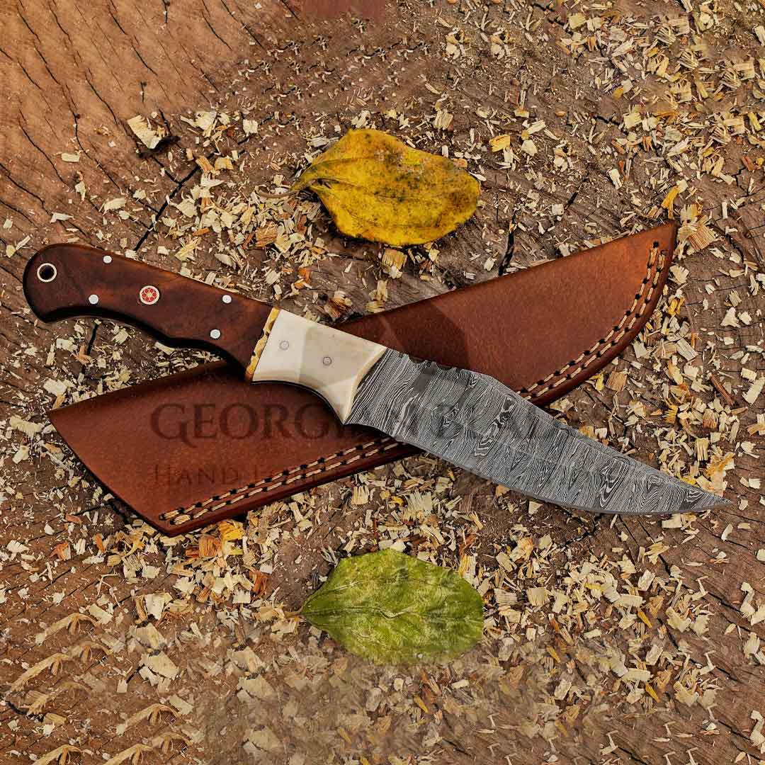 Johnny Appleseed Blade - 10” Custom Hand Forged Damascus Steel Full Tang Hunting Knife - Wood & Bone Handle