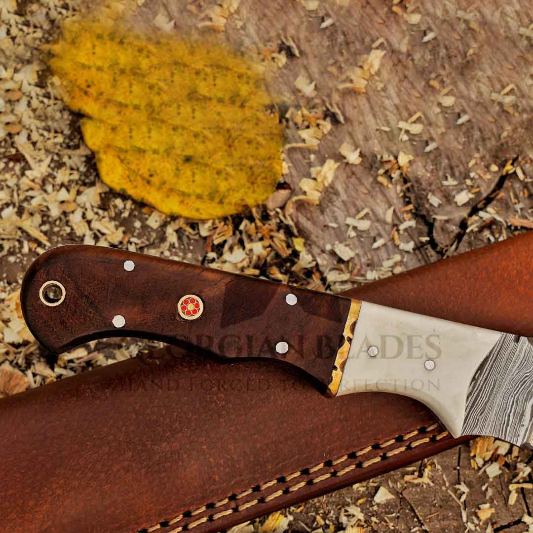 Johnny Appleseed Blade - 10” Custom Hand Forged Damascus Steel Full Tang Hunting Knife - Wood & Bone Handle