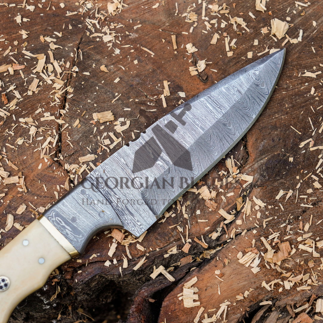Br'er Rabbit Blade -  8.5” Hand Forged Damascus Steel Full Tang Skinner Knife - Camel Bone Handle