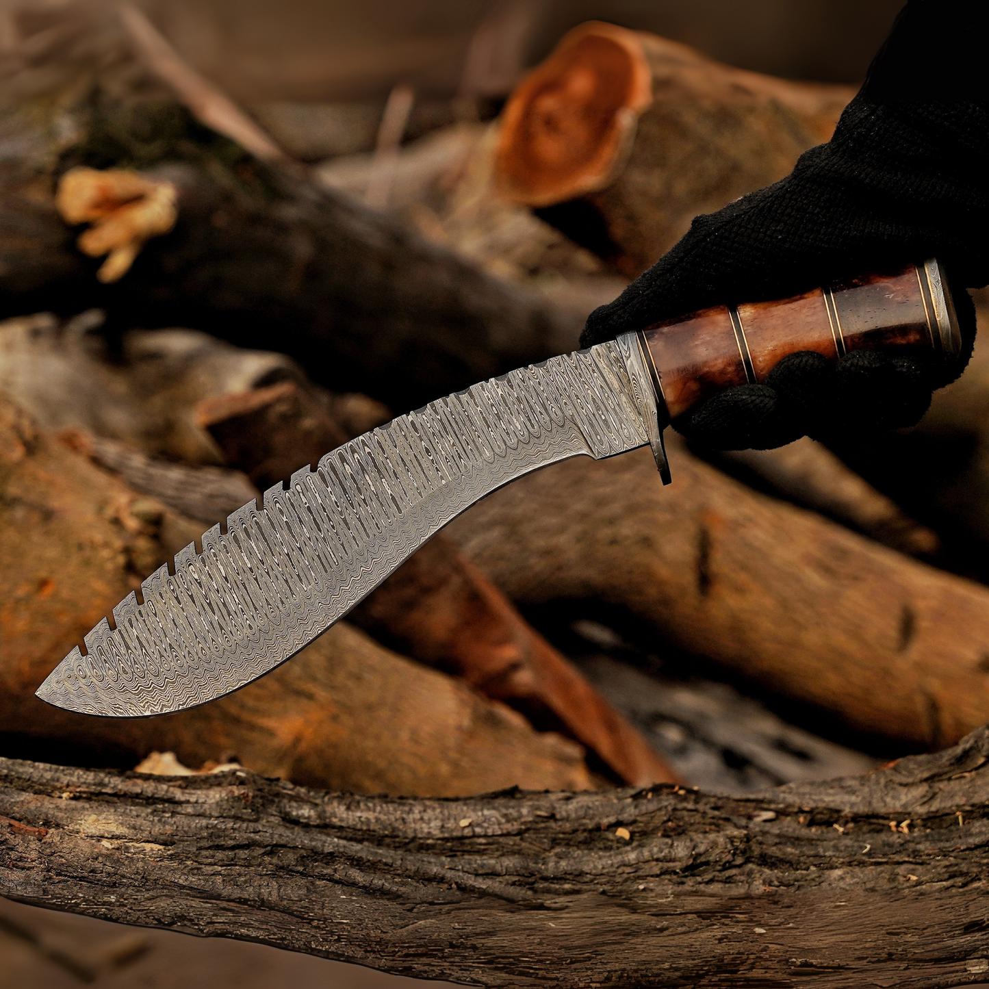 Emberwood Kukri – 15 inch Hand-Forged Damascus Masterpiece Kukri Knife with Leather Sheath