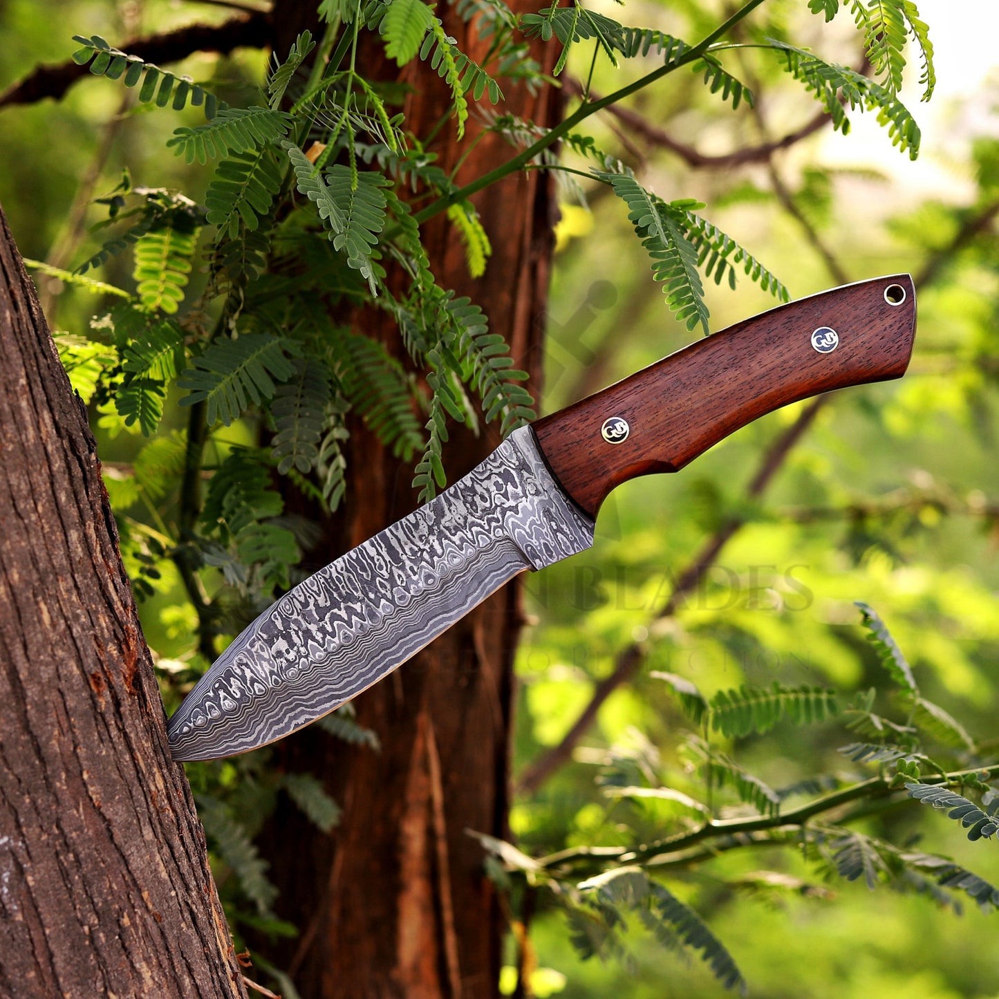Razorwind - 11" Full Tang Hand Forged Damascus Hunting Knives with Walnut Wood Handle