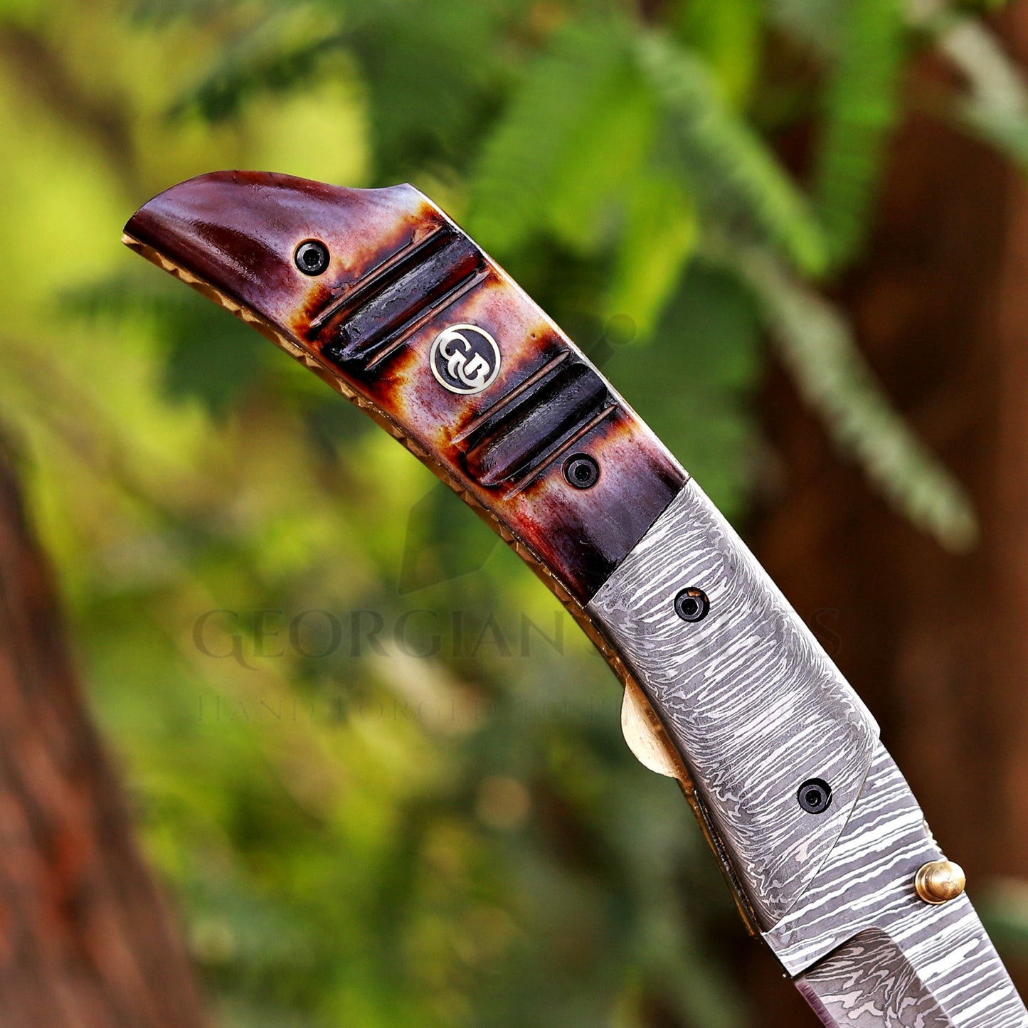 The Nimitz Folder – 7.5 inch Damascus Steel Liner Lock Pocket Knife with Bone Handle and Leather Sheath