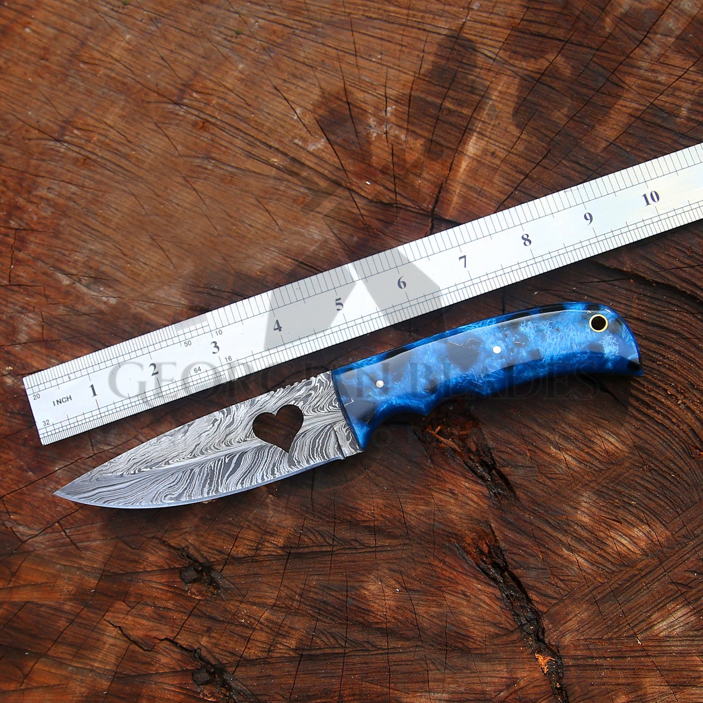 Blue Heart Blade – 9'' Hand Forged Damascus Steel Knife with Blue Resin Handle & Leather Sheath