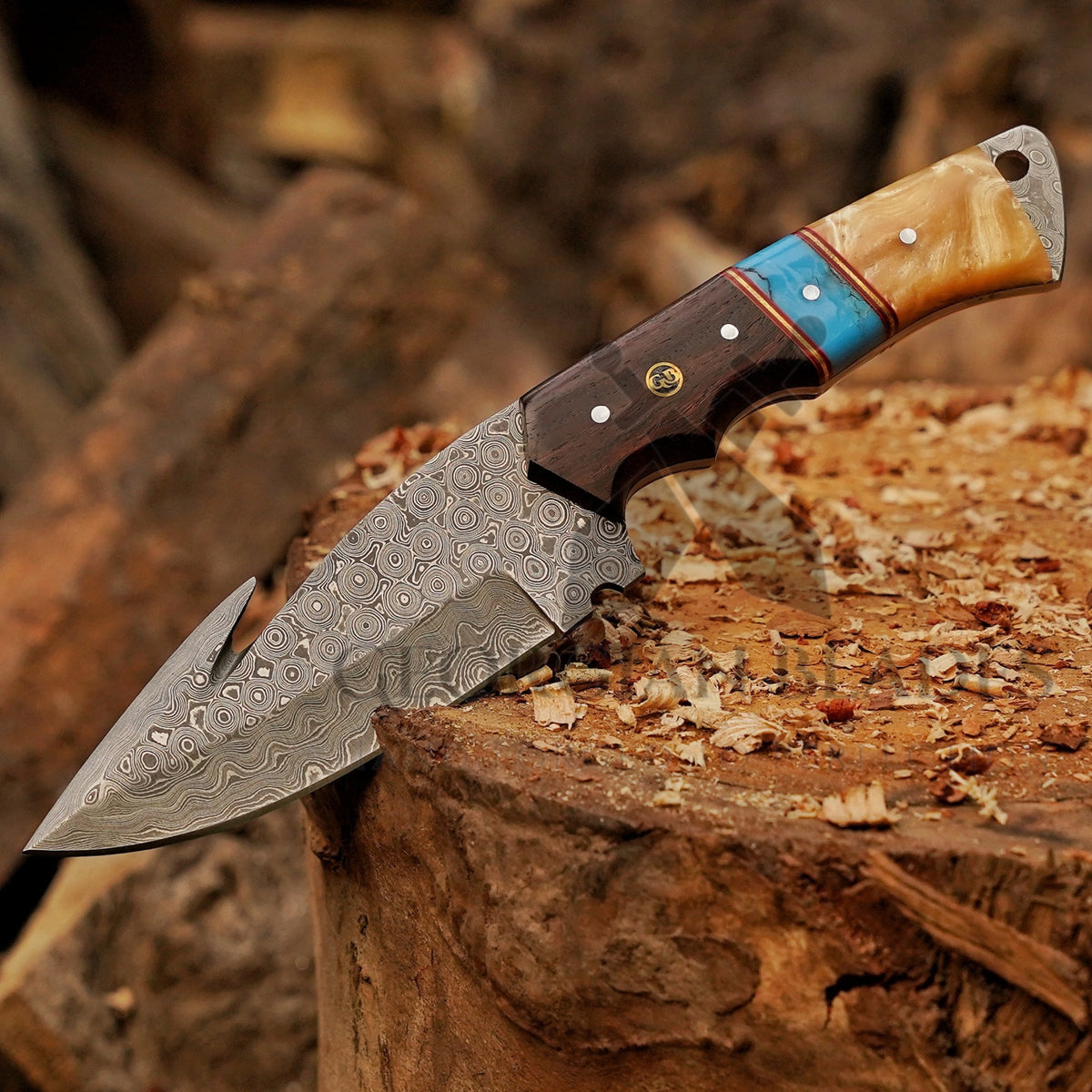 Trailblazer's Blade - 9" Hand Forged Damascus Steel Hunting Knife with Leather Sheath