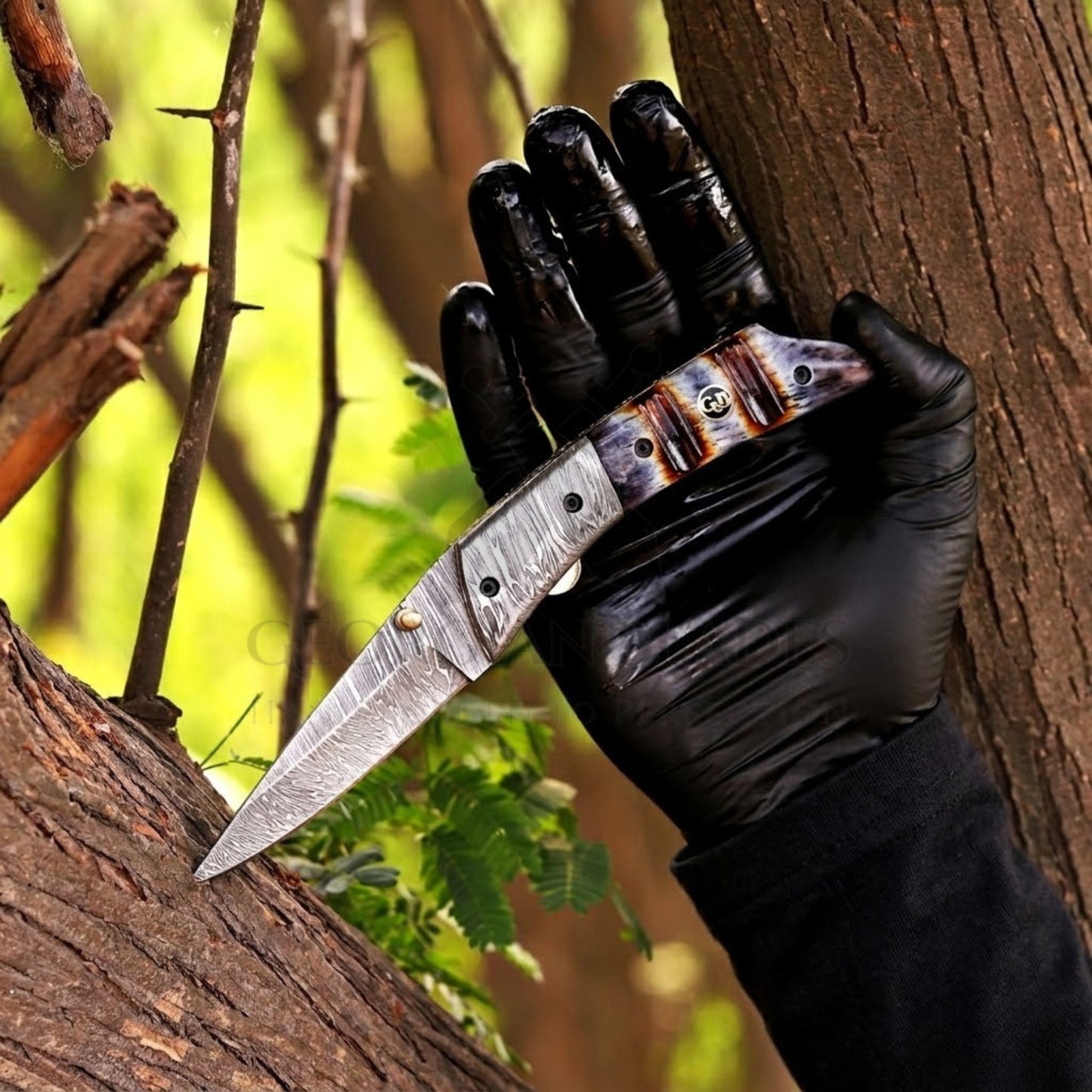 The Glenn Folder – 7.5 inch Damascus Steel Liner Lock Pocket Knife with Bone Handle and Leather Sheath