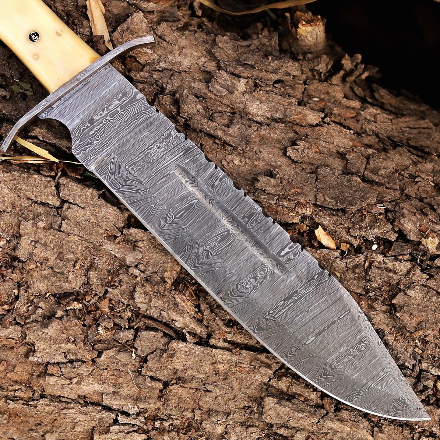Paul Bunyan Razor - 15" Handmade Damascus Steel Bowie Knife- Full Tang - Camel Bone Handle