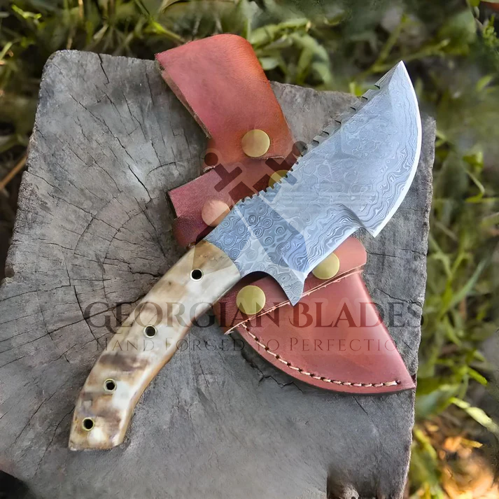 Wilderness Wayfinder: 10” Custom Hand Forged Damascus Steel Tracker Knife With Ram Horn Handle