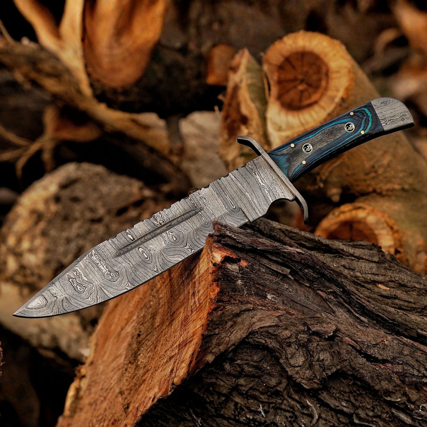 River Runner: 15" Handmade Damascus Steel Bowie Knife- Full Tang - Colored Wood Handle
