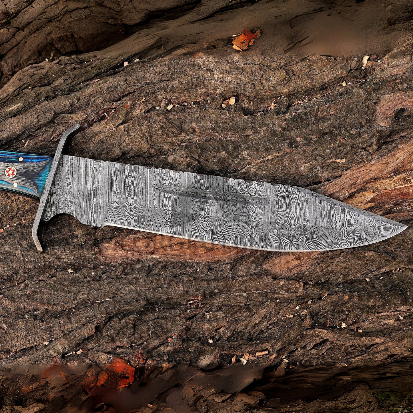 River Runner: 15" Handmade Damascus Steel Bowie Knife- Full Tang - Colored Wood Handle