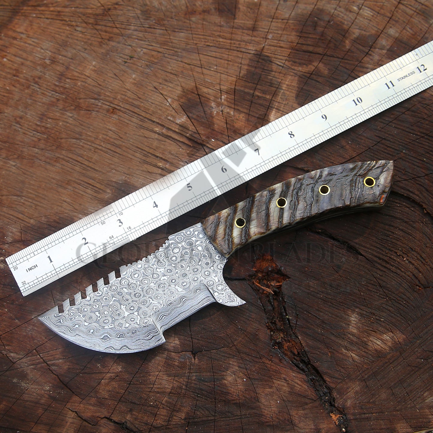Wilderness Wayfinder: 10” Custom Hand Forged Damascus Steel Tracker Knife With Ram Horn Handle
