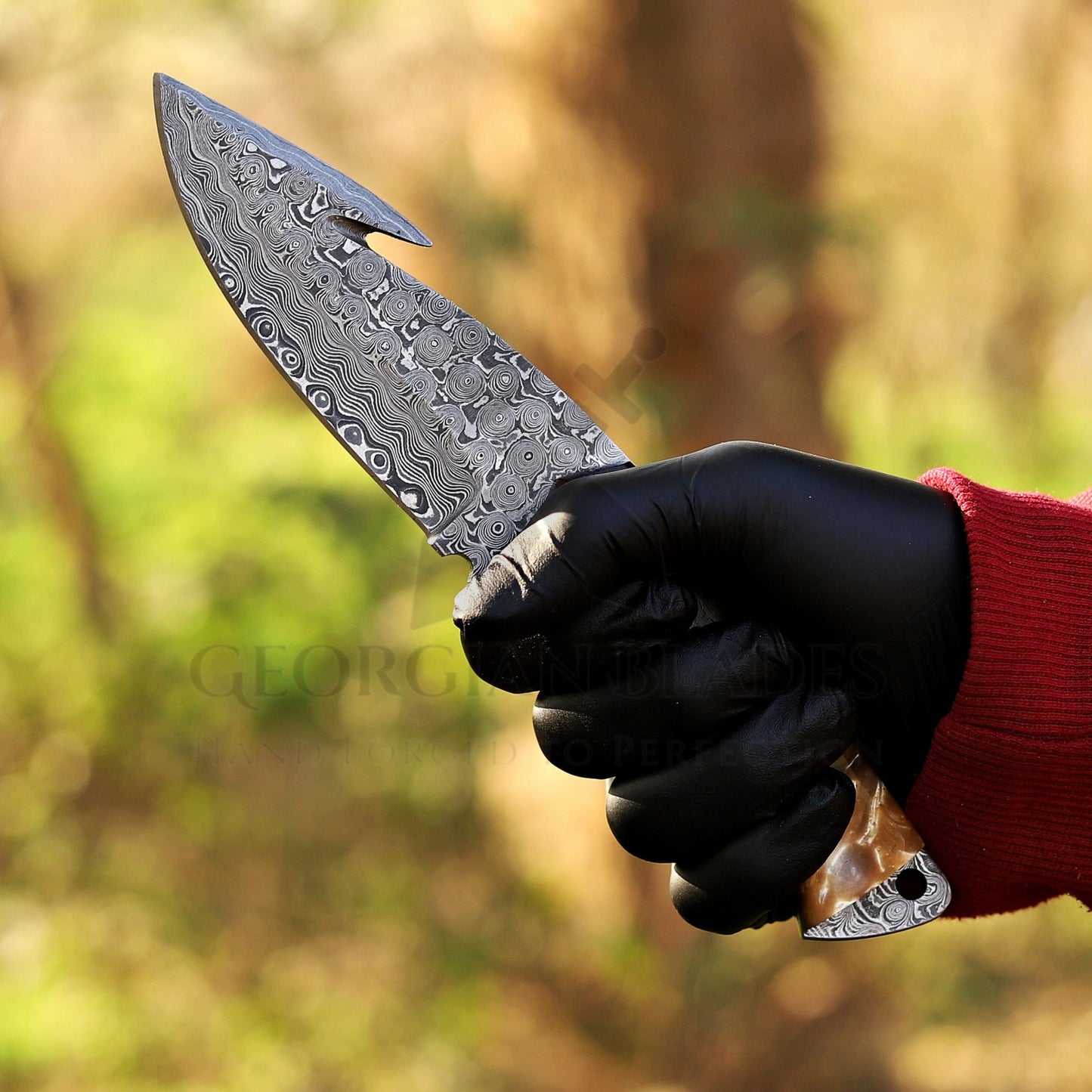 Trailblazer's Blade - 9" Hand Forged Damascus Steel Hunting Knife with Leather Sheath