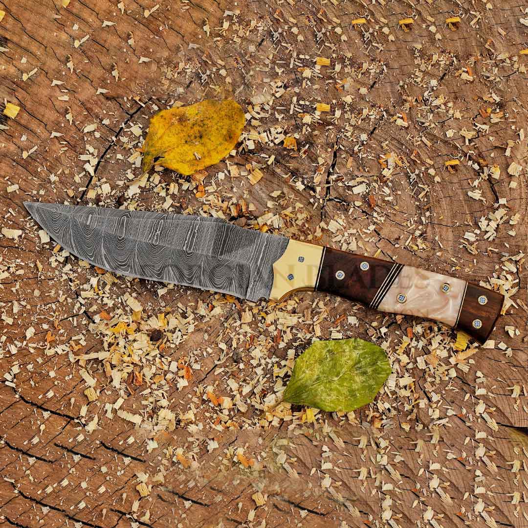 Hand Forged Damascus Steel Hunting Knife With Leather Sheath Georgian Hand Forged Damascus Steel Hunting Knife With Leather Sheath Georgian