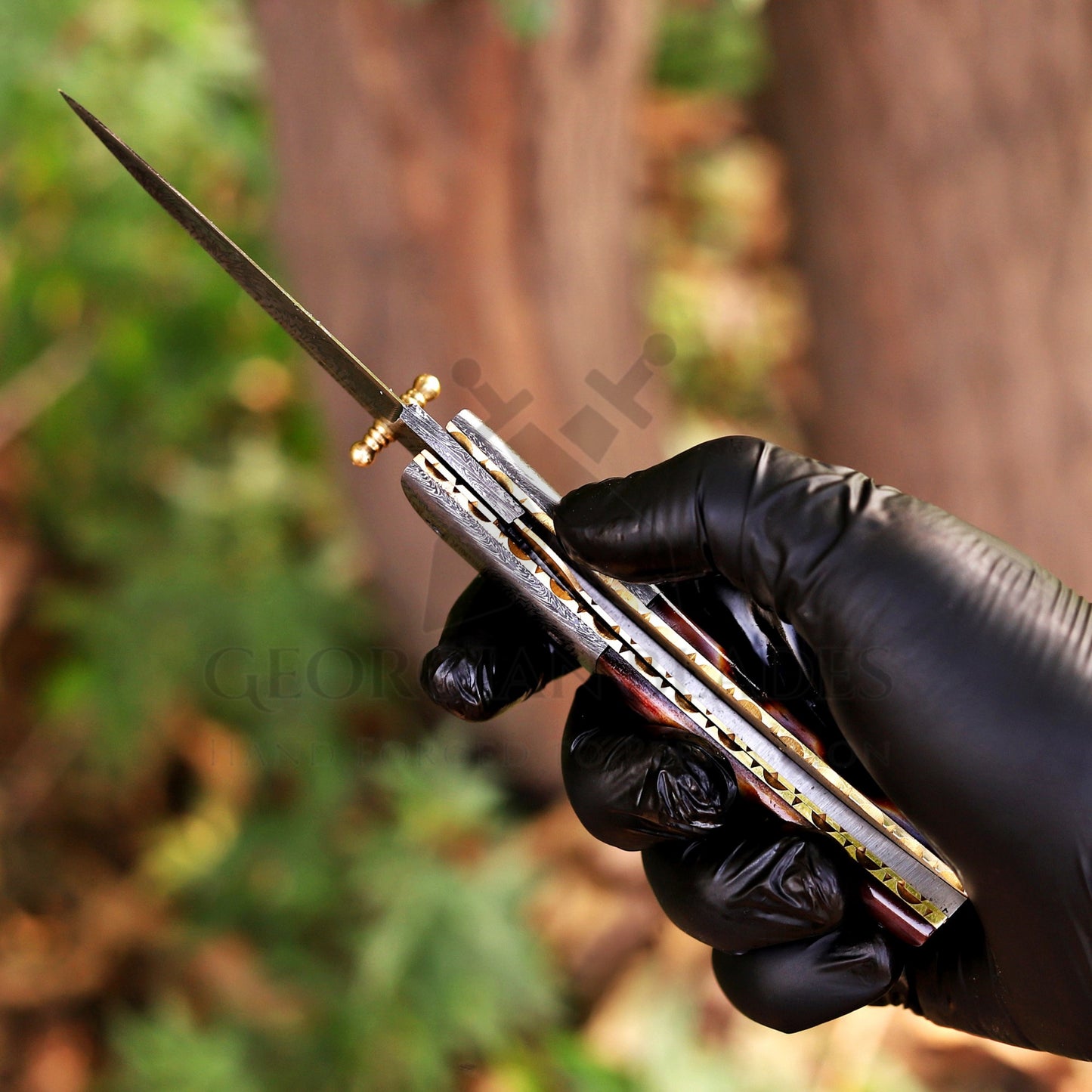 The Nimitz Folder – 7.5 inch Damascus Steel Liner Lock Pocket Knife with Bone Handle and Leather Sheath