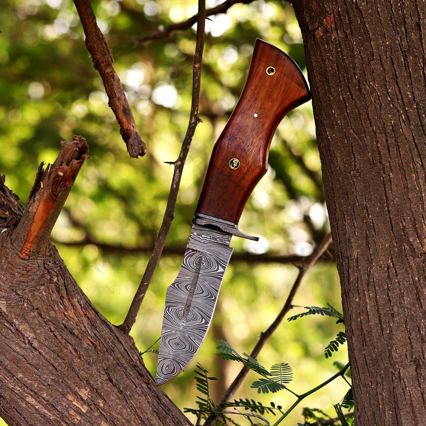 Woodman's Ally - 10.5" Hand Forged Damascus Hunting Knife with Leather Sheath