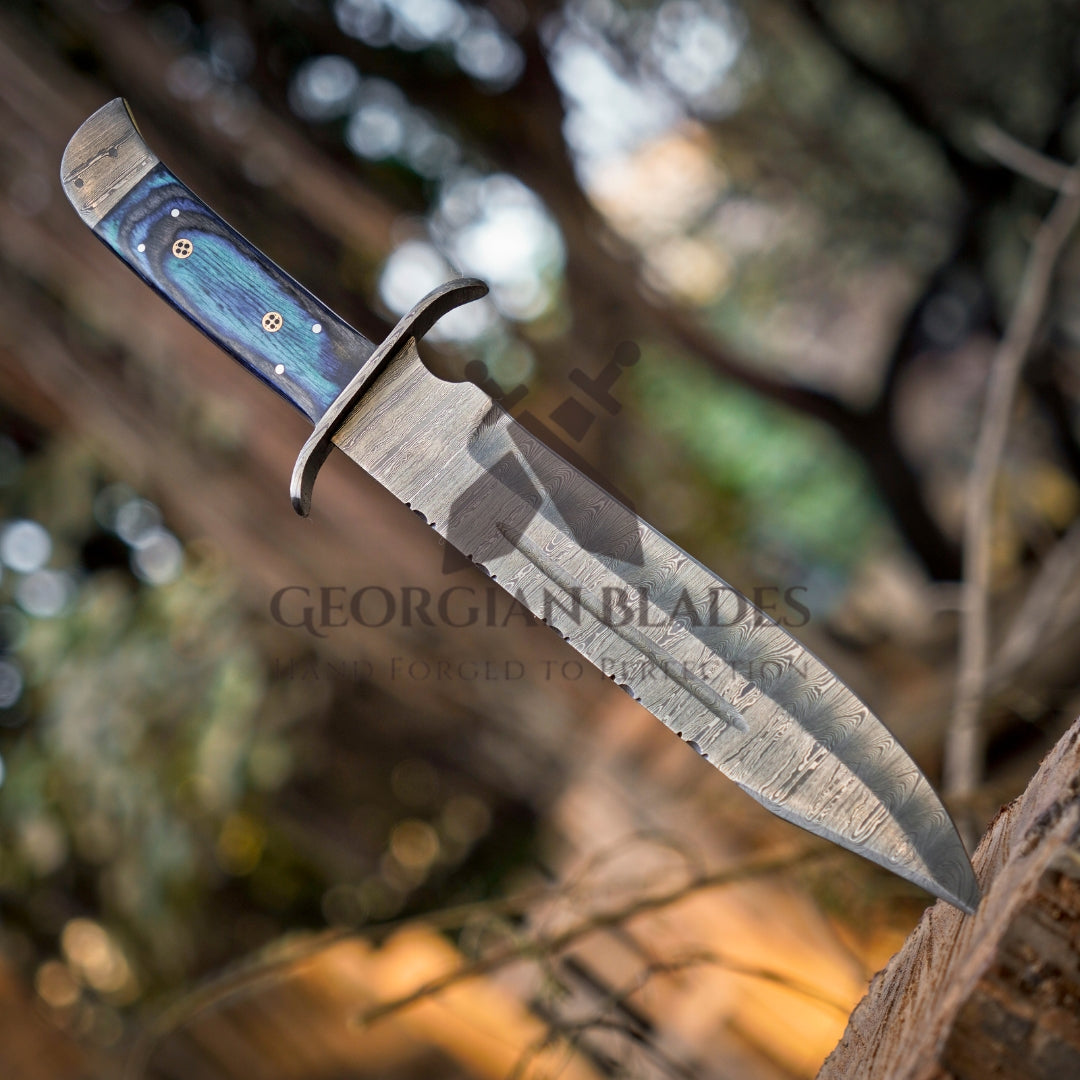 River Runner: 15" Handmade Damascus Steel Bowie Knife- Full Tang - Colored Wood Handle