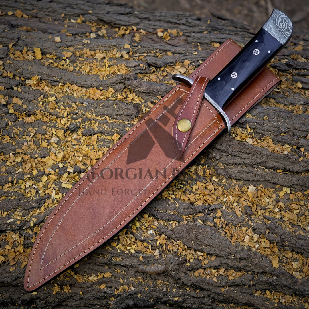 Frontier Finder: 15" Handmade Damascus Steel Bowie Knife- Buffalo Horn Handle