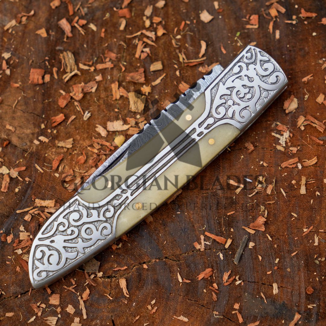Ivory Edge: 8" Handmade Green Camel Bone Handle Folding Pocket Knife With Engraved Frame Work