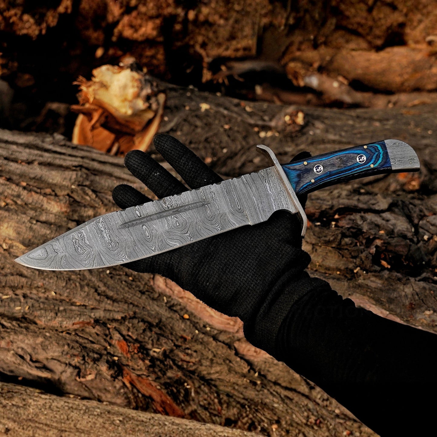 River Runner: 15" Handmade Damascus Steel Bowie Knife- Full Tang - Colored Wood Handle